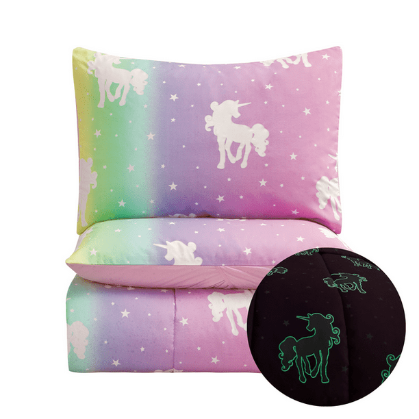 Teddy Fleece Rainbow Unicorn Glow In The Dark Duvet Set Pillowcase Cushion Throw